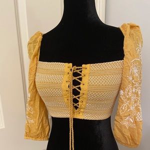Yellow Cropped Lace Up Top Size Small